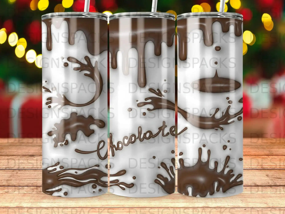 Tumbler with chocolate drip design and "Chocolate" text.