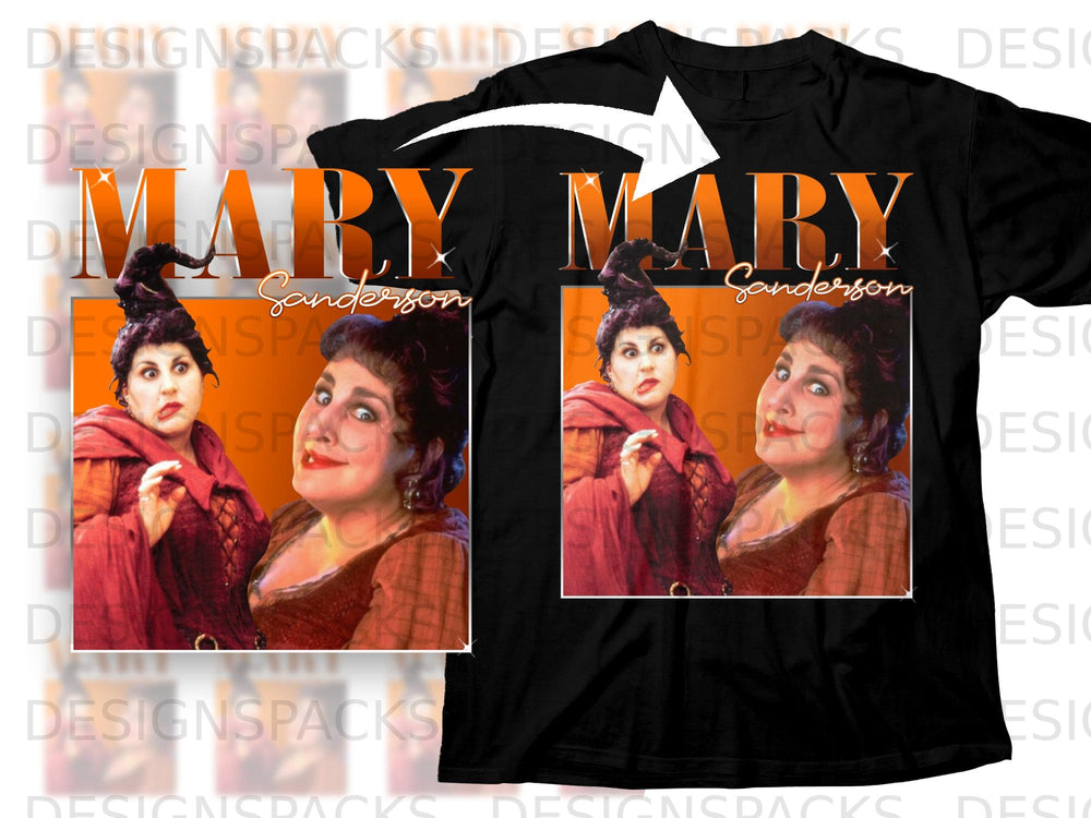 Black t-shirt with "Mary Mary Sanderson" and images of the Sanderson sisters.