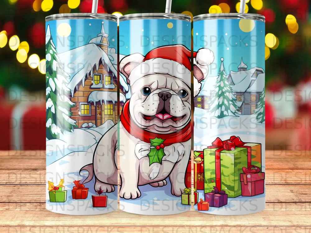 French Bulldog with red scarf and Christmas gifts.