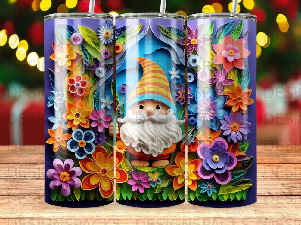 Gnome surrounded by colorful paper flowers and foliage on a purple background.