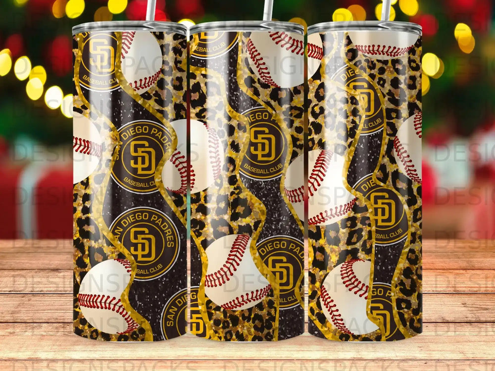 Three tumblers with leopard print and San Diego Padres baseball team logo.