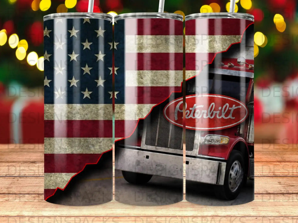 American flag and Peterbilt truck design on a tumbler.