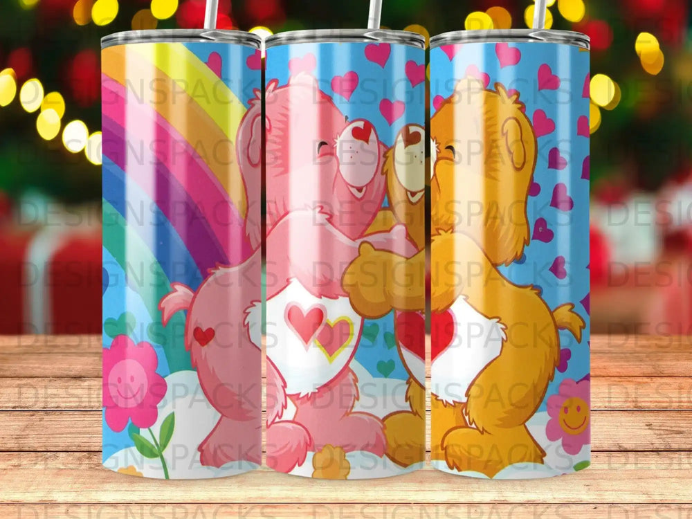 Pink and blue tumblers with cartoon bears and hearts pattern.