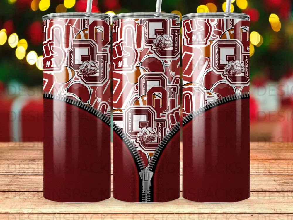 Oklahoma Sooners football logo and zipper design on a tumbler.