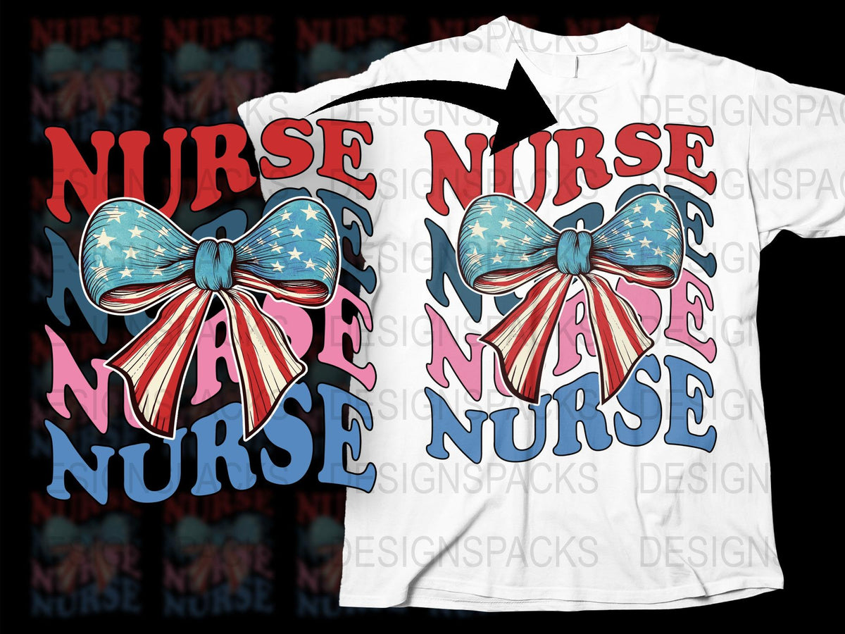 Patriotic Nurse T-Shirt, American Flag Bow, Red White Blue, Nurse Appreciation Gift, Medical Profession Tee