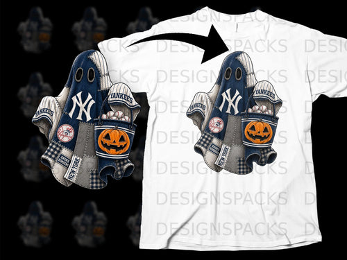 New York Yankees themed halloween ghost with pumpkin and baseballs.