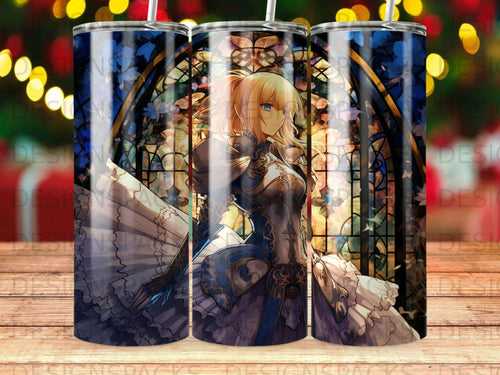 Anime knight in blue and gold armor standing before stained glass window.