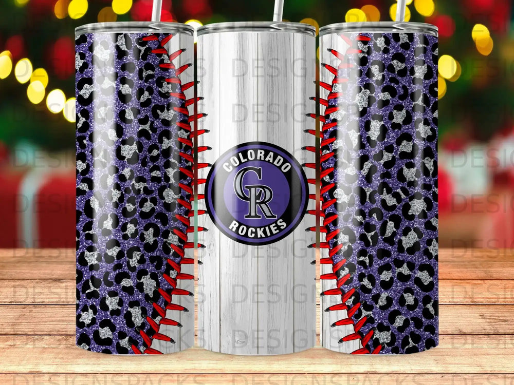 Tumbler with Colorado Rockies logo and purple leopard print baseball stitch pattern.