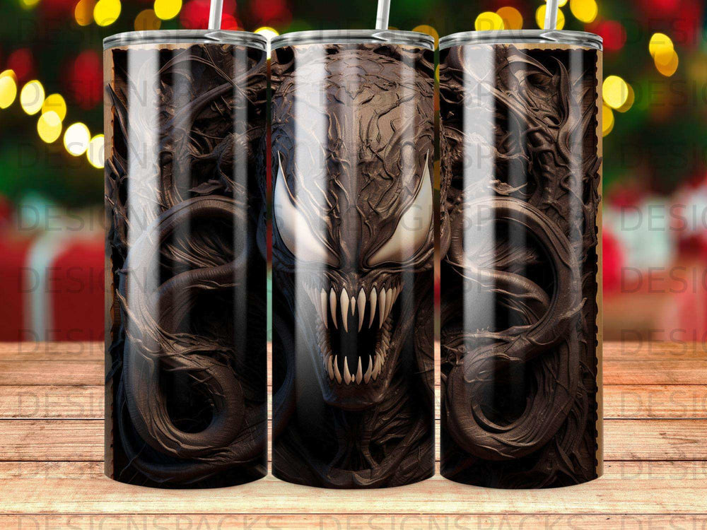 Dark tumbler with snarling monster face and ribbed texture.