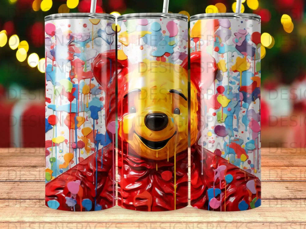 Winnie the Pooh with colorful paint splatters and drips.