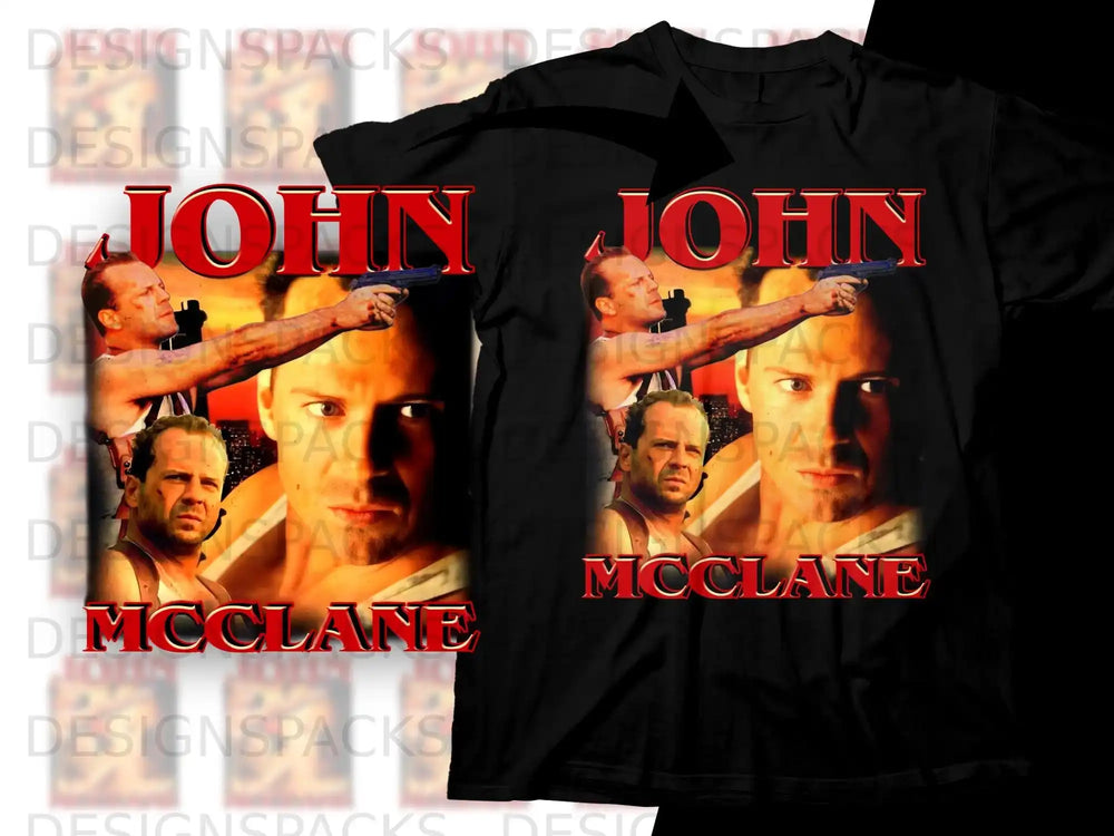 Bruce Willis as John McClane aiming gun on Die Hard movie poster t-shirt design.
