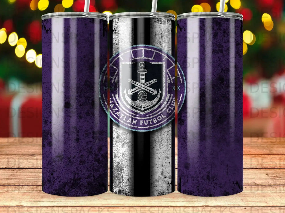 Mazatlán Fútbol Club logo on purple and black striped tumbler.