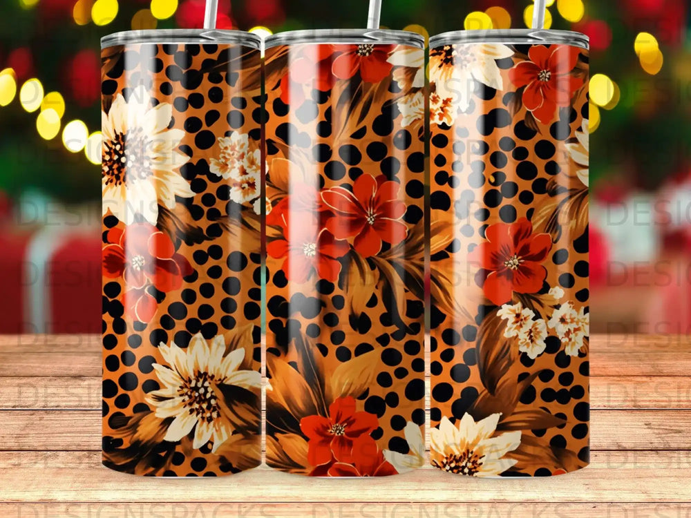 Tumbler with leopard print and floral design in red, orange, and white.