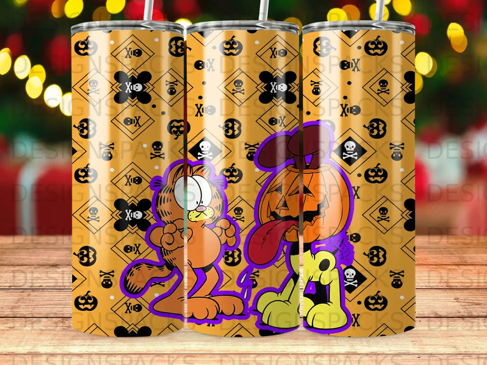 Garfield and a pumpkin-headed dog on a tumbler with a patterned background.