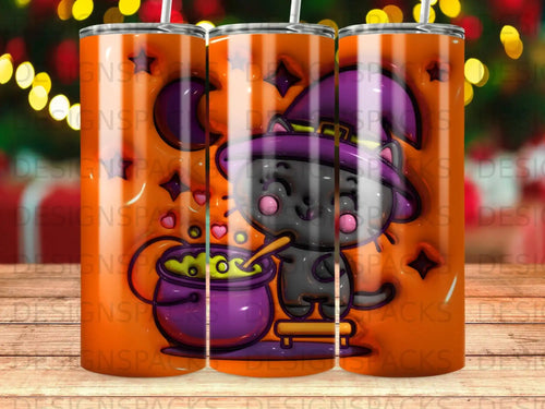 Black cat in witch hat holding potion in cauldron on wooden stool.