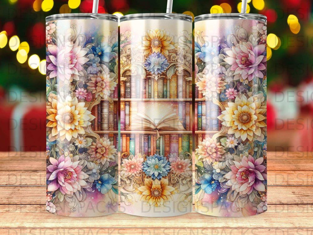 Floral wreath surrounds open book on shelf with colorful bokeh lights background.