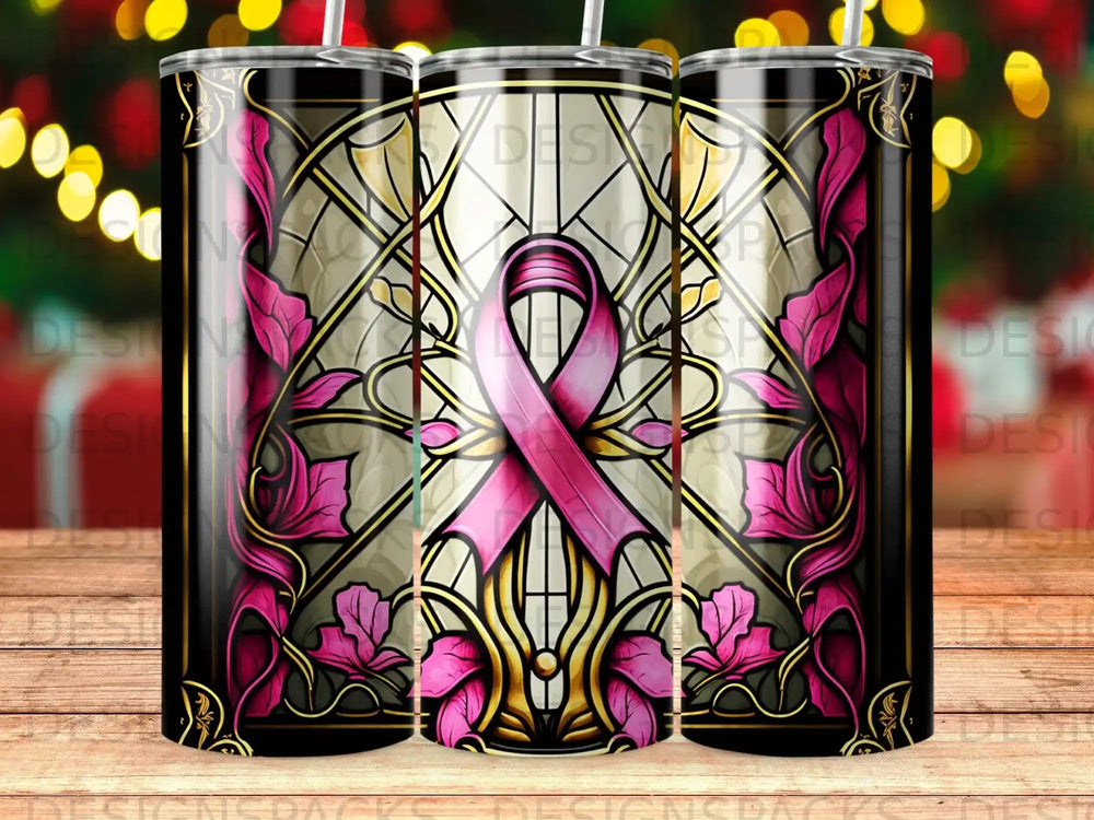 Pink ribbon on stained glass design tumbler.