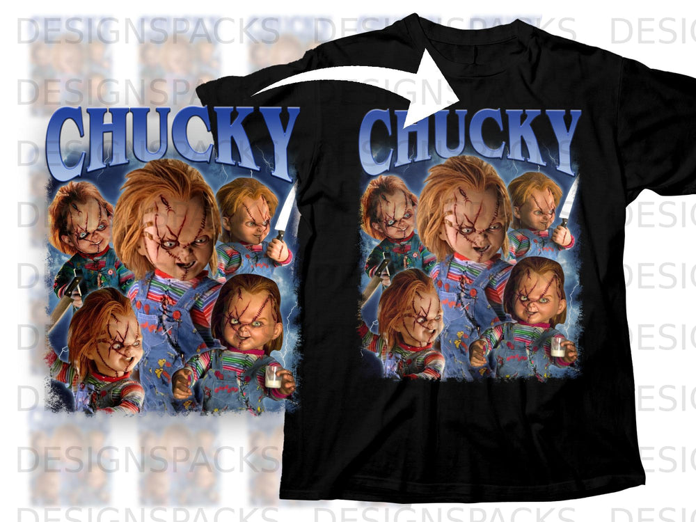 Black t-shirt with multiple Chucky dolls and the text "CHUCKY" in blue.