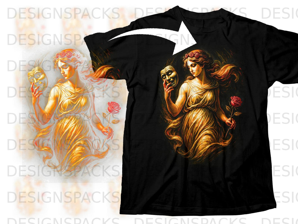 Black t-shirt with a Romanesque woman holding a mask and a rose.