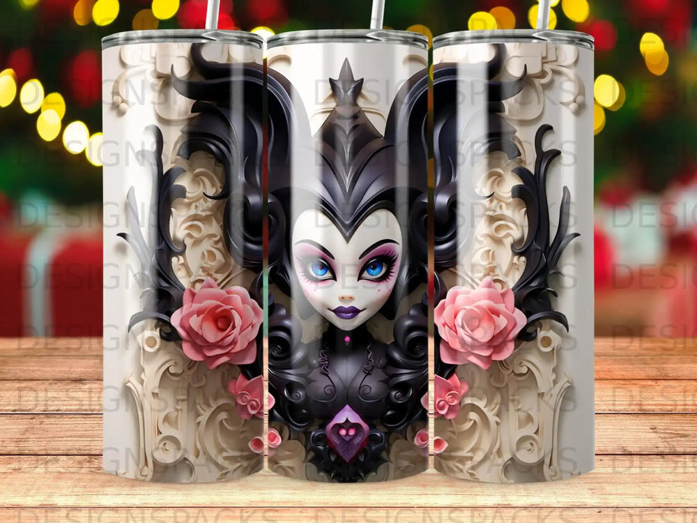 Gothic woman with pink roses on a tumbler.