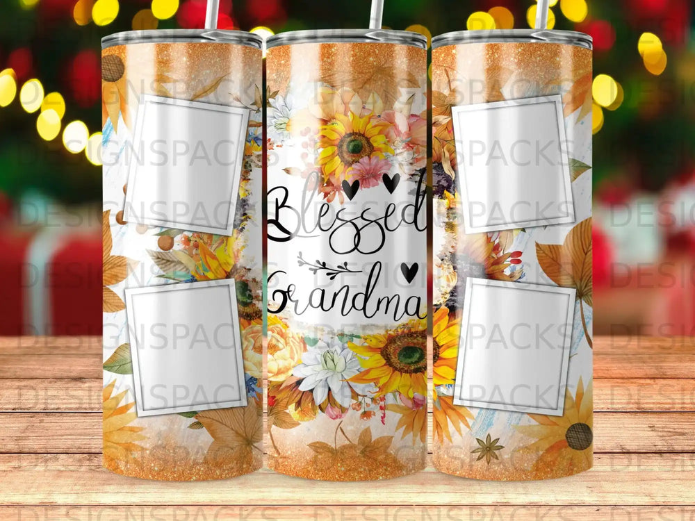 Sunflower and floral design tumbler with "Blessed Grandma" text and photo frame placeholders.