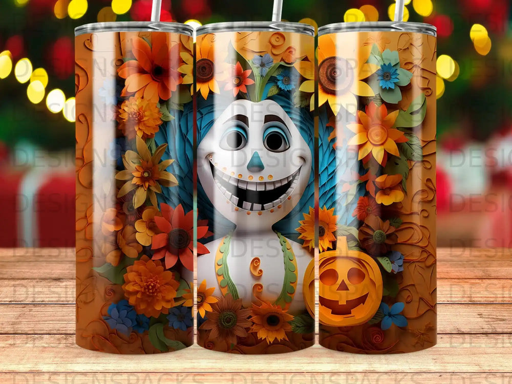 Floral skull tumbler with pumpkin, featuring colorful flowers and leaves.