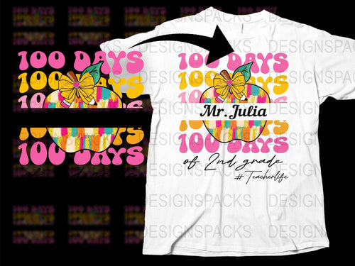 Custom 100 Days of School T-Shirt, Colorful Pumpkin Design, Teacher Life, Personalized Name and Grade Celebration Tee