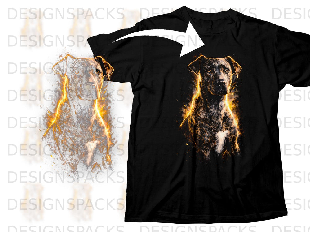 Black t-shirt with a brindle dog graphic with glowing orange accents.