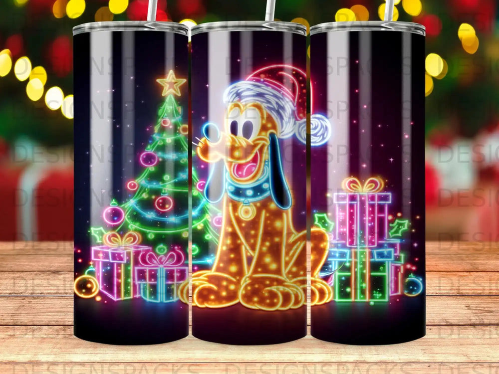 Pluto in Santa hat with Christmas tree and gifts, neon glow.
