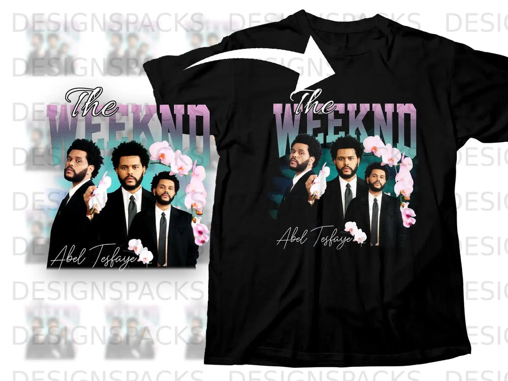 Black t-shirt with The Weeknd and Abel Tesfaye graphic.