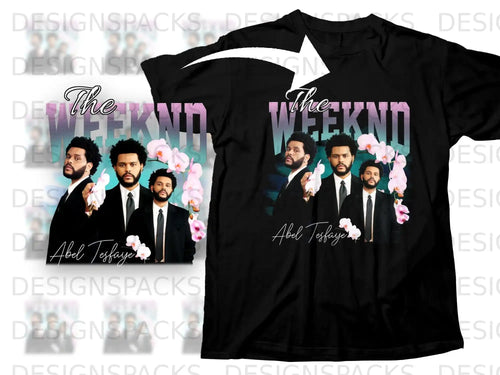 Black t-shirt with The Weeknd and Abel Tesfaye graphic.