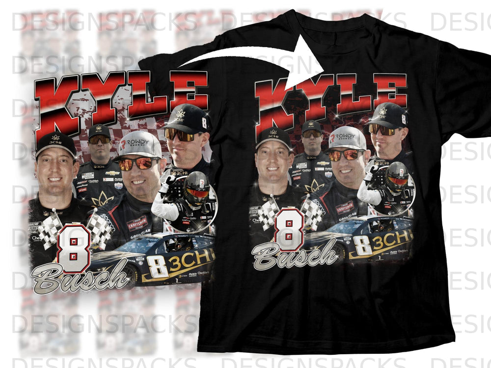 Kyle Busch 8 racing car and multiple portraits on black t-shirt.