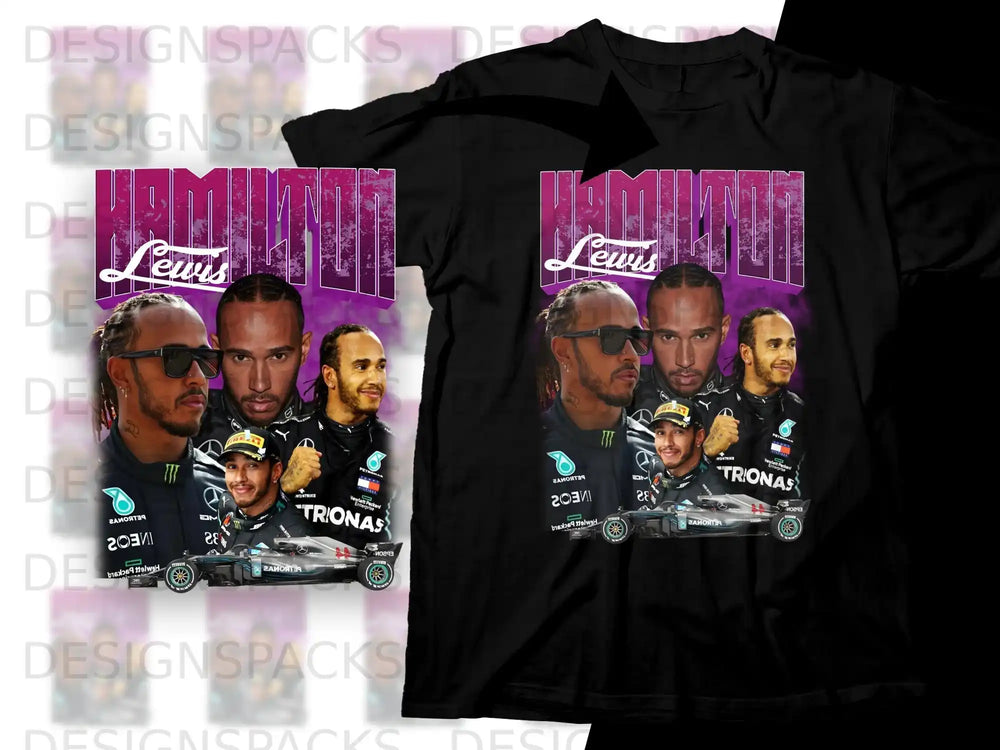 Black t-shirt with Lewis Hamilton graphic and sponsor logos.
