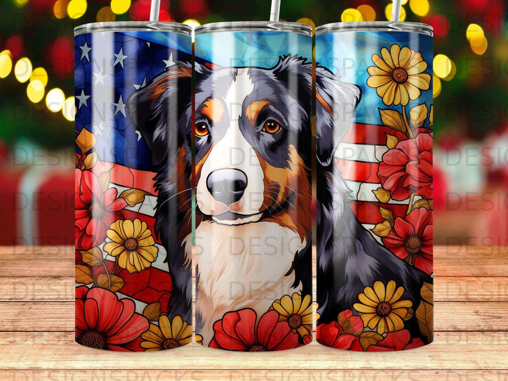 Australian Shepherd dog portrait with American flag and flowers.