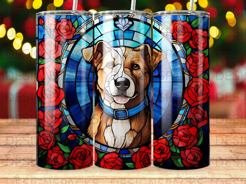 Stained glass dog portrait surrounded by red roses, blue collar.