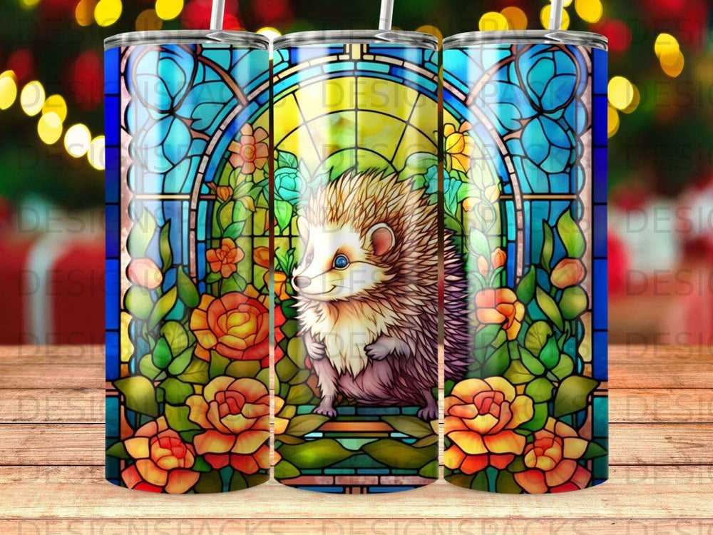 Stained glass hedgehog with roses and floral accents.