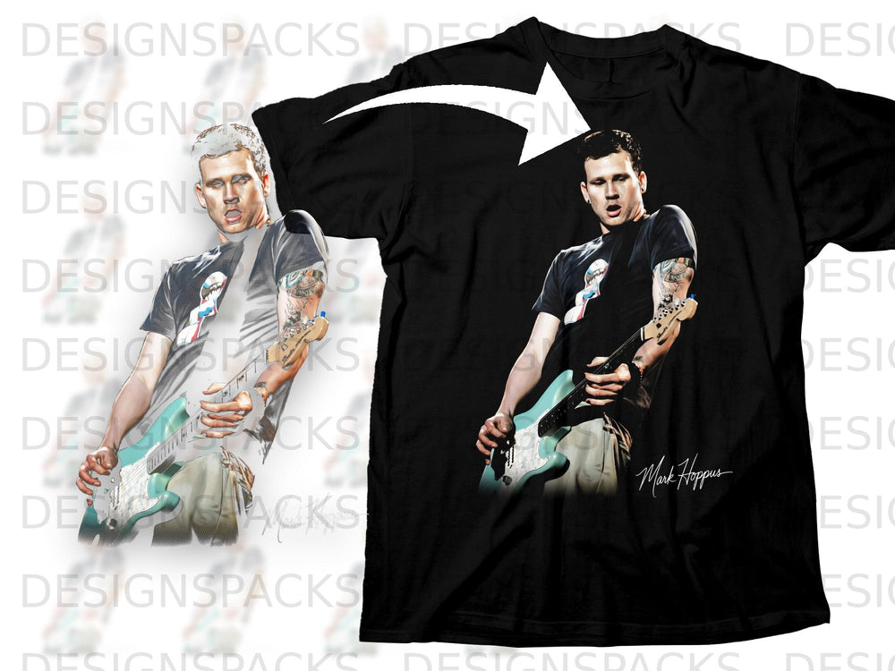 Black t-shirt featuring Mark Hoppus playing a teal electric guitar.