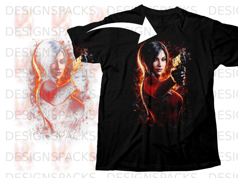 Black t-shirt featuring an illustration of Ada Wong from Resident Evil holding a pistol.