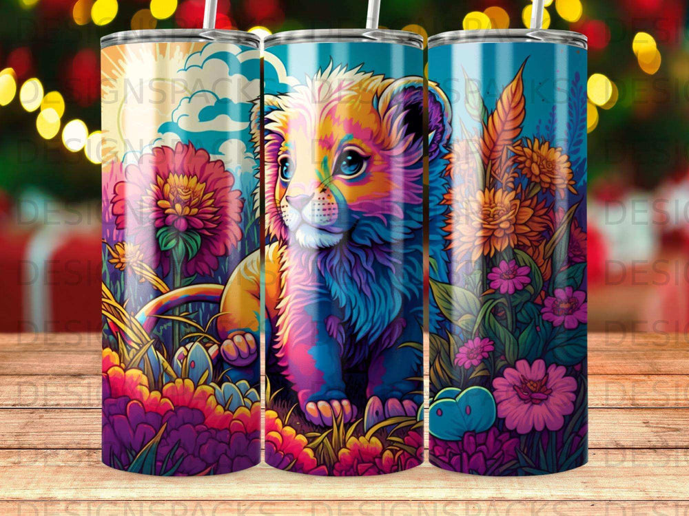 Colorful lion cub sits among vibrant flowers and plants.