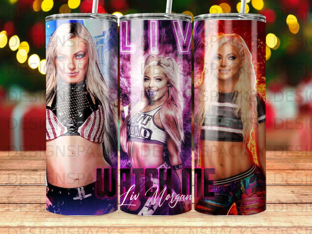 Liv Morgan on a tumbler with wrestler graphics and colorful background.