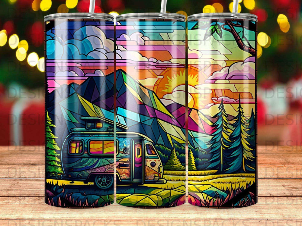 Colorful camper van parked in a geometric mountain landscape at sunset.