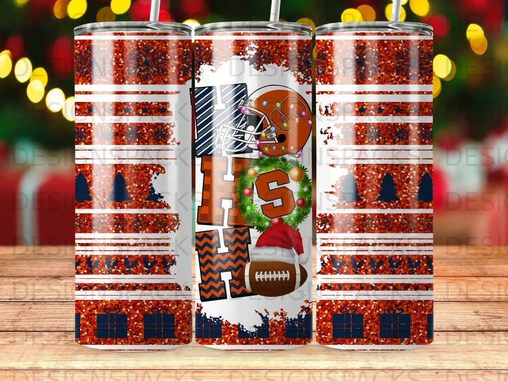 Two tumblers with "HO HO HO" design, featuring a football and holiday patterns.