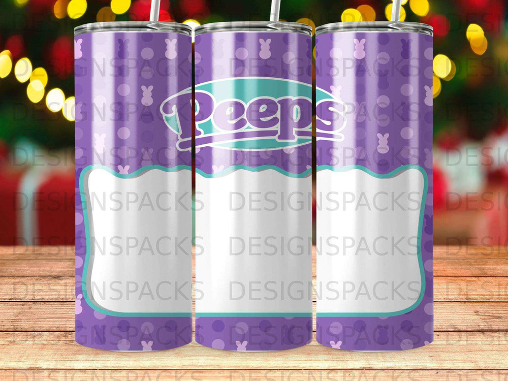 Purple tumbler with "Peeps" logo, featuring pastel colors and a ribbed texture.