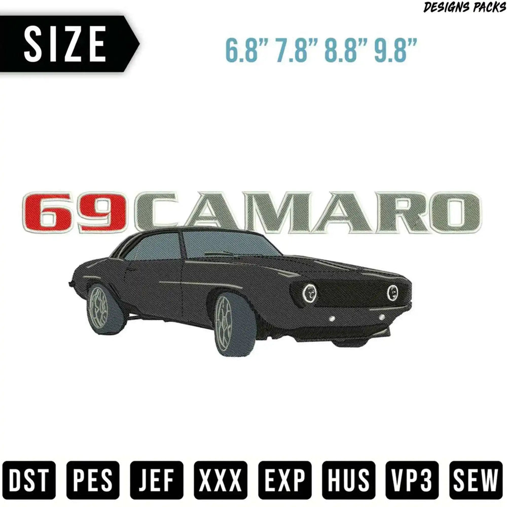 Embroidery design of a 1969 Camaro car with file formats listed below.