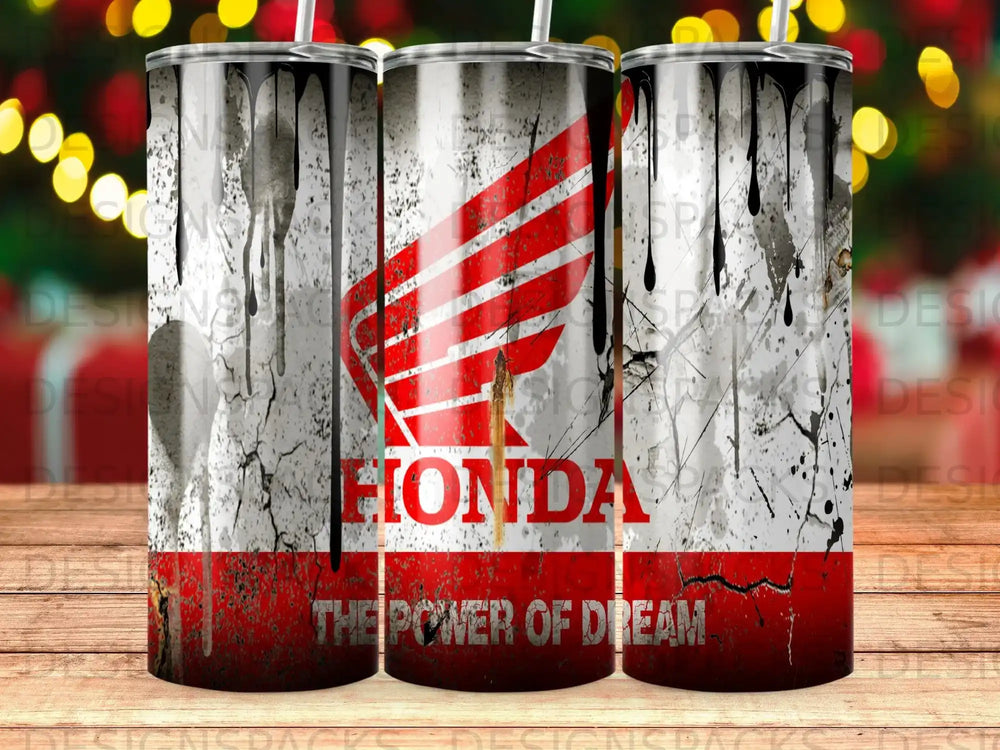 Honda motorcycle tumbler with "The Power of Dream" slogan.