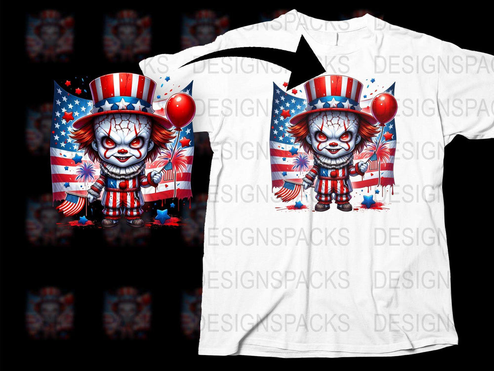 Patriotic Clown Graphic T-Shirt, USA Flag Colors, Scary Clown Design, Unique Horror Tee, Unisex American Themed Apparel