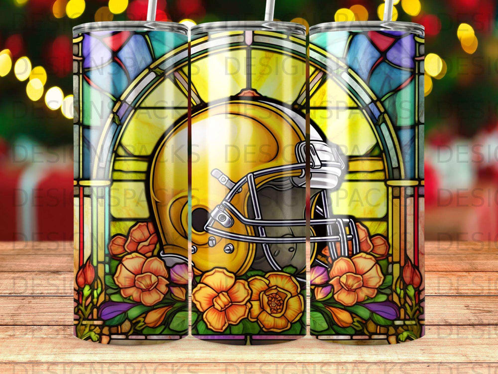 Gold Rams helmet with stained glass and flowers pattern on a tumbler.