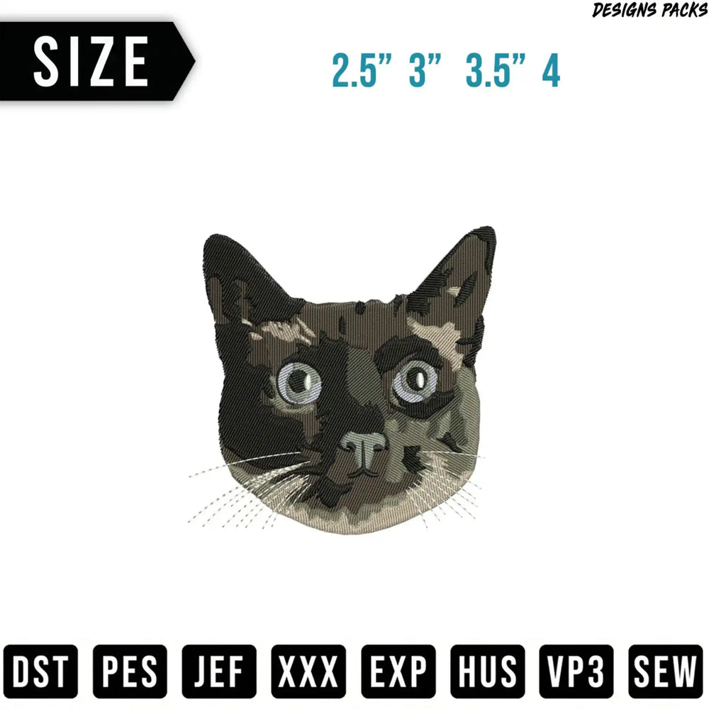Embroidery design of a Siamese cat's face with size options.
