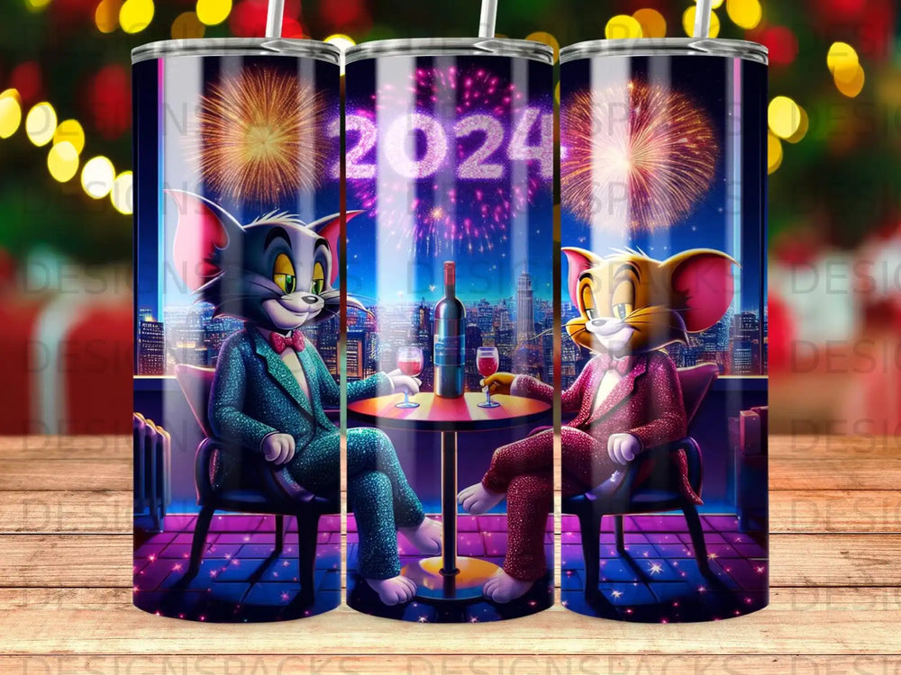 Tom and Jerry sit at a table with champagne, celebrating New Year's Eve 2024.