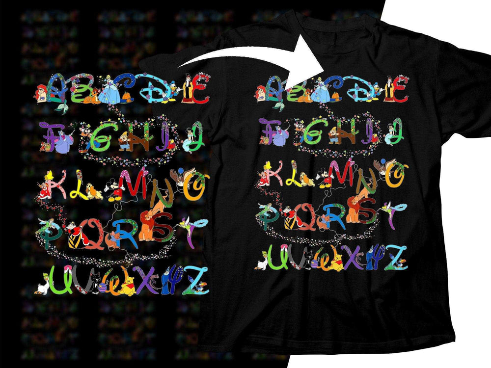 Colorful Disney alphabet design on black t-shirt, perfect for DTF/DTG printing